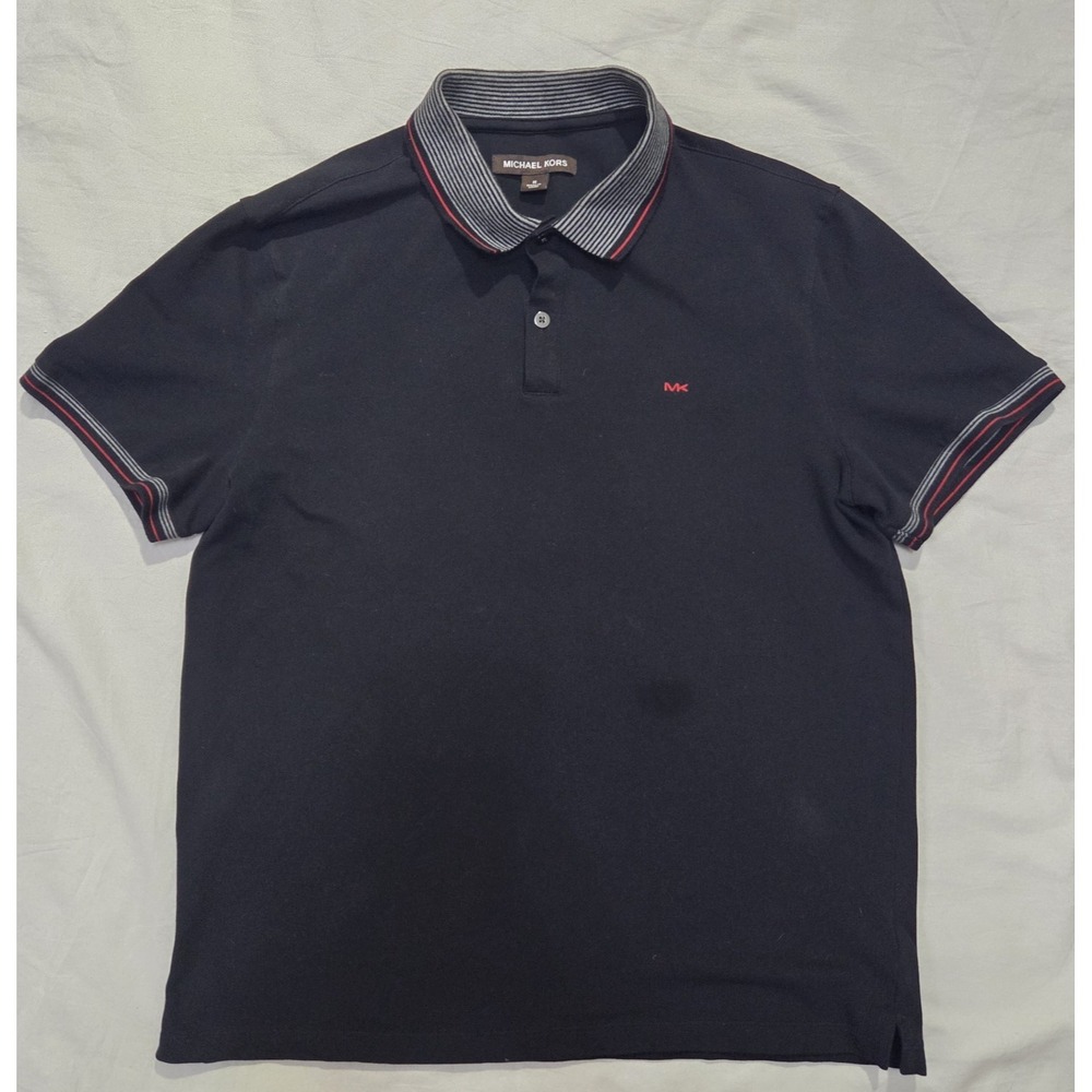 Michael kors Polo Shirt Men's Medium MK Red Trim Logo Black Muscle Golf Shirt